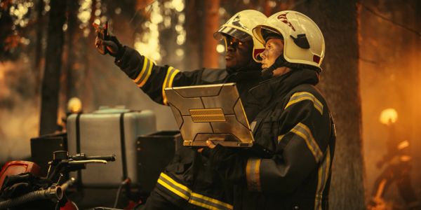 Two firefighters using a tablet in a forest fire.