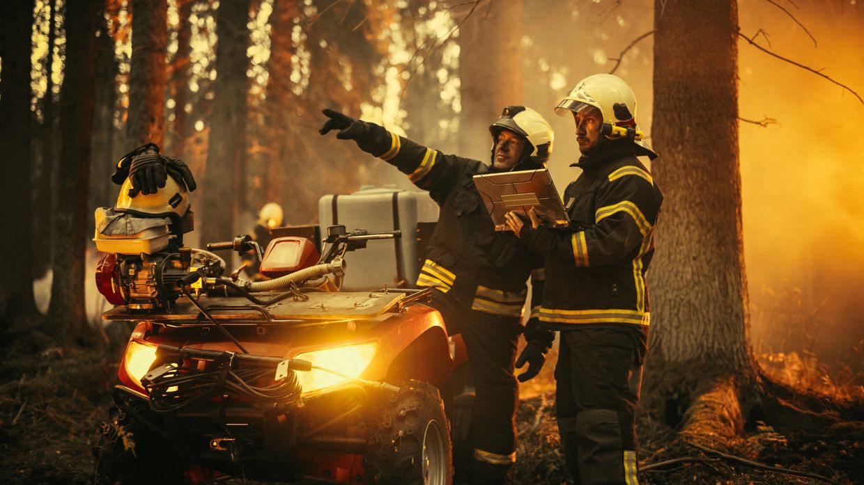 Two firefighters strategizing in a forest fire.