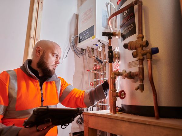 Technician in orange jacket inspecting a water heater system with a tablet.