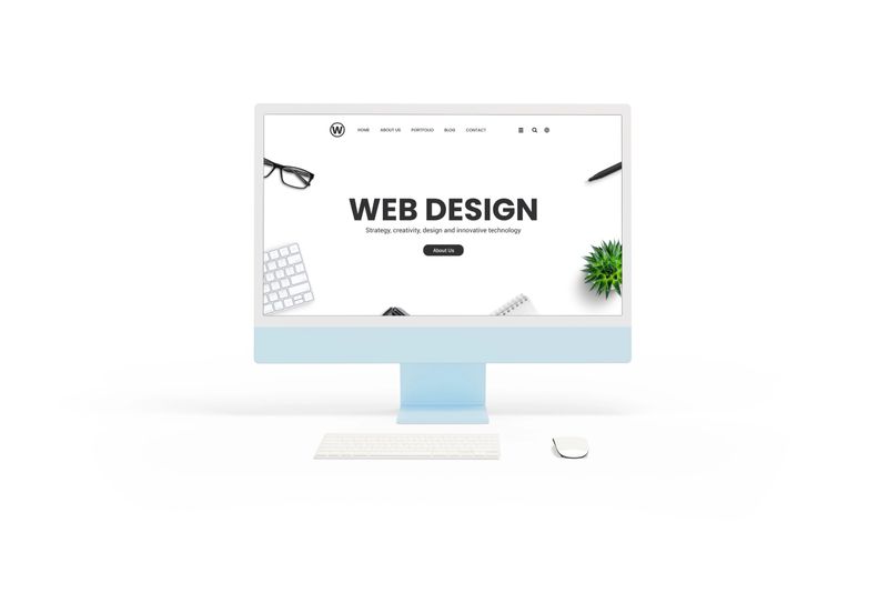 Isolated white computer display monitor with a web design studio concept page in front view. Keyboard and mouse beside. Showcasing website design concept