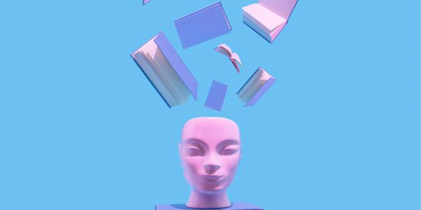 A pink head with floating books above it on a blue background.