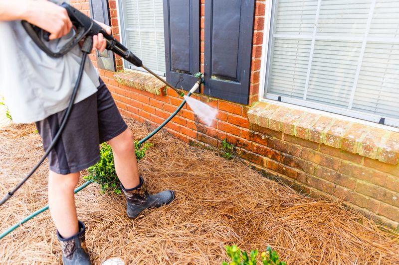 Worker pressure washing dirty brick wall of house.
