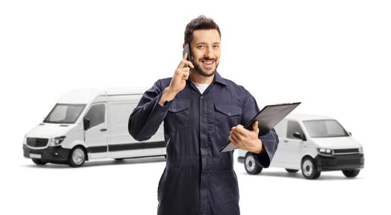 Van driver in a blue uniform using a mobile phone and holding a clipboard isolated on white background