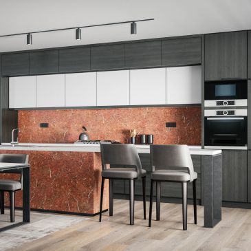 Modern kitchen with brown marble island and bar stools.