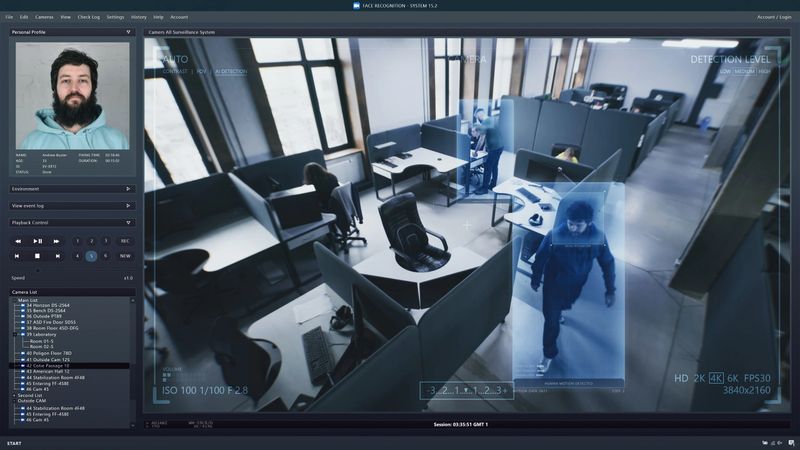 Playback office CCTV camera on computer. People work in coworking office. AI software with facial recognition and personal profiles. Security camera. Face scanning system. Surveillance and monitoring.