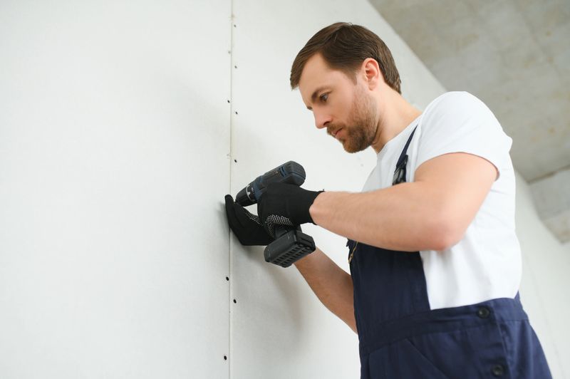 Worker builder installs plasterboard drywall at a construction.