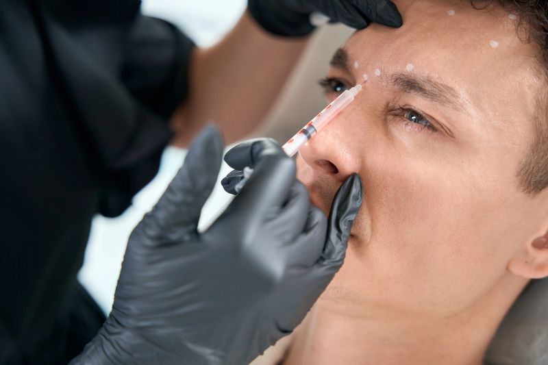 Cosmetologist in protective gloves holding syringe and making beauty injections for face to man
