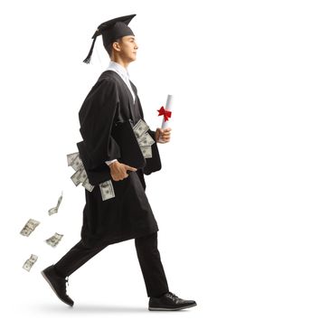 Graduate in cap and gown walking with diploma and money falling from briefcase.