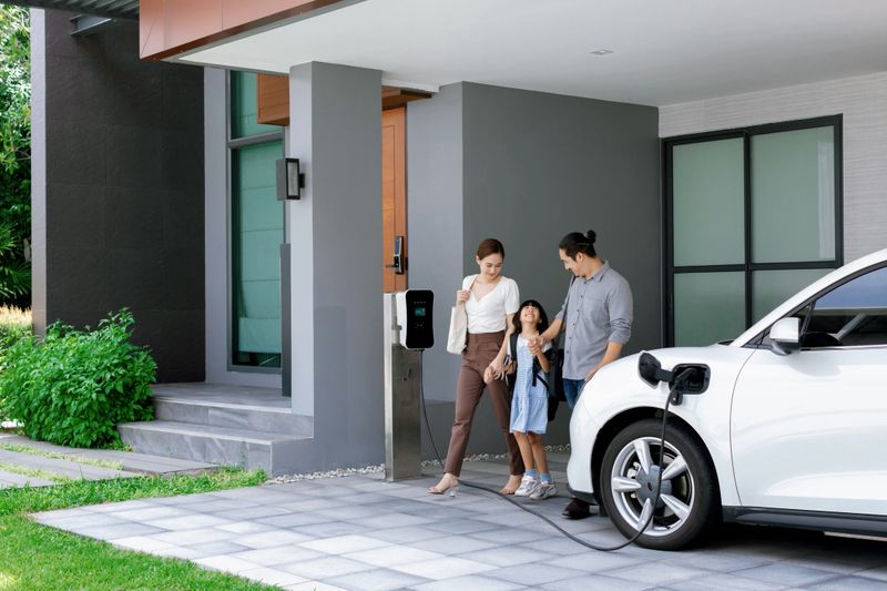 Progressive young parents and daughter with electric vehicle and home charging station. Green and clean energy from electric vehicles for healthy environment. Eco power from renewable source at home.