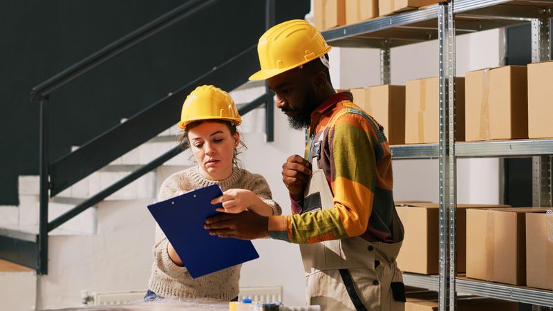 Female manager signing delivery papers in storage room, reviewing inventory list to prepare products order. Diverse colleagues checking shipment logistics in warehouse. Handheld shot.