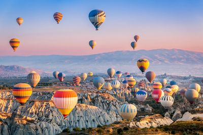 Hot air balloons at sunset over Cappadocia, Turkey