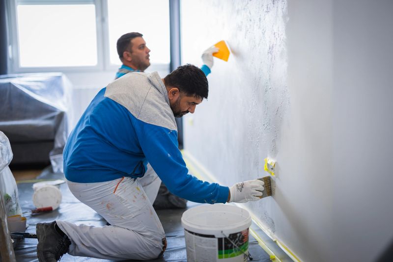 Construction workers using paint brush and a spatula for a special technique on the inner walls