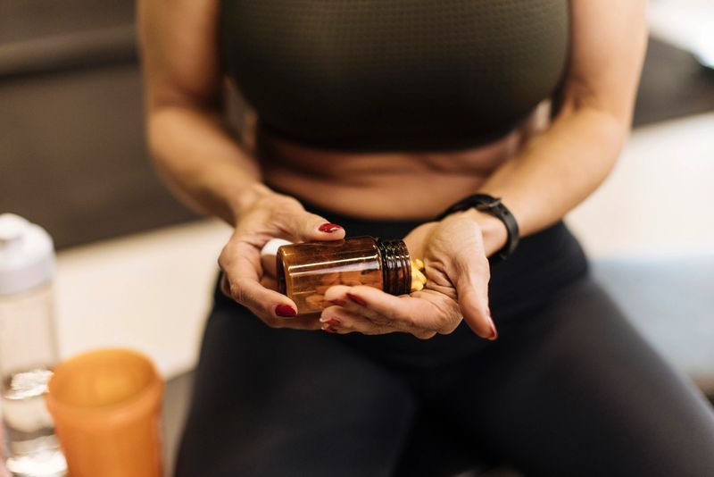 Fit woman taking supplements after a hard workout