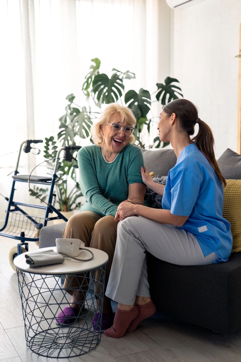 Happy senior woman enjoying company of her nurse during regular home visit. Female home care specialist and satisfied elderly woman holding hands while talking and sitting in living room.