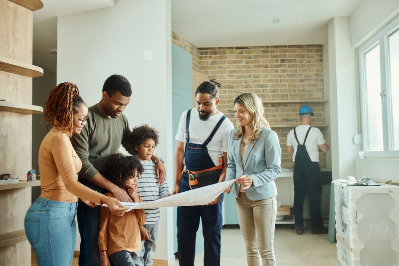 Interior designer, manual worker and black family cooperating while examining housing plans in the apartment.