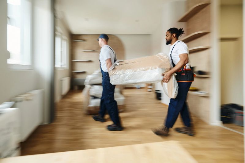 Two workers cooperating while carrying furniture into a new apartment. Blurred motion.