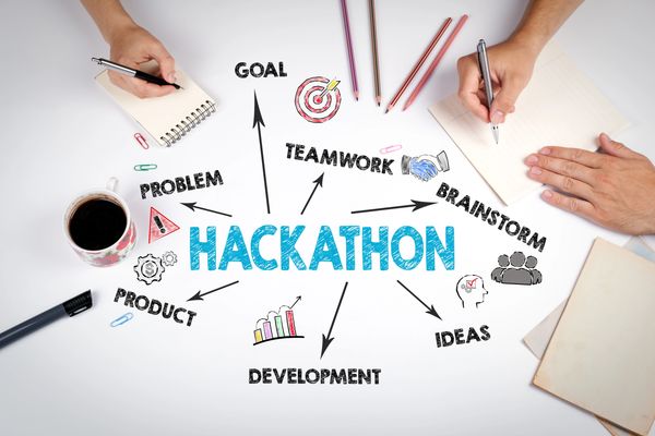 Hackathon concept with teamwork and development elements.