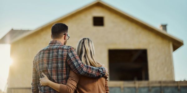 Couple embraces, looking at their new house under construction.