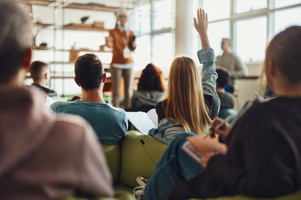 Student raising hand in a classroom during a lecture.