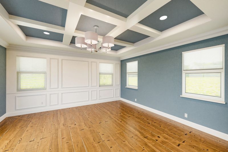 Beautiful Blue-Gray Custom Master Bedroom Complete with Entire Wainscoting Wall, Fresh Paint, Crown and Base Molding, Hard Wood Floors and Coffered Ceiling