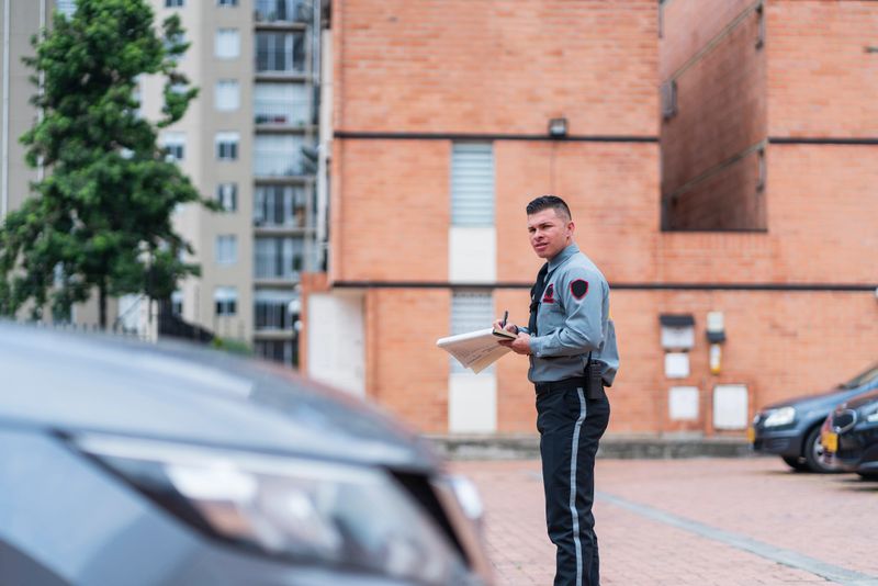 Average age Latino man in his 30s dressed in a security guard uniform is inside the building he works for taking bills for vehicles parked in the parking lot