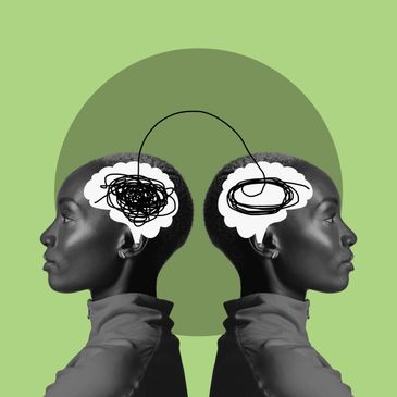 Two mirrored profiles with scribbles symbolizing exchanging thoughts or ideas.