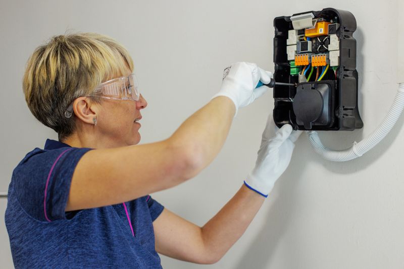 Certified female electrician installing home EV charger.