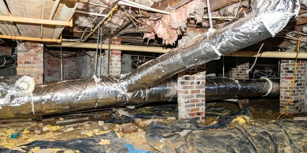 Ductwork inside of a crawl space.