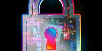 Colorful digital padlock symbolizing cybersecurity and data protection.