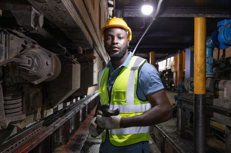 Engineer train Inspect the train's diesel engine, railway track in depot of train