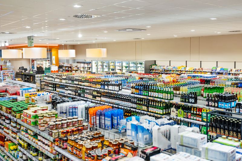 A variety of different food and bottled produce on display