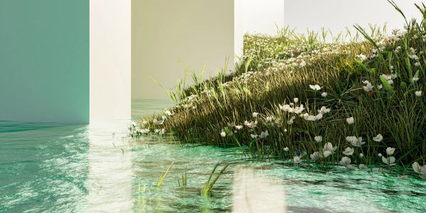 Grassy hill with white flowers by clear water under soft light.