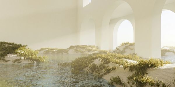 Serene scene with water and grassy patches under arched structures.