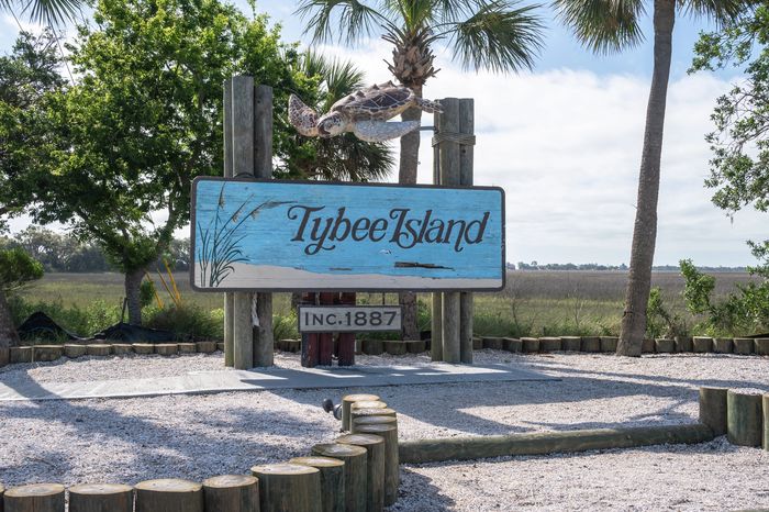 Welcome sign for Tybee Island with a sea turtle sculpture and palm trees.
