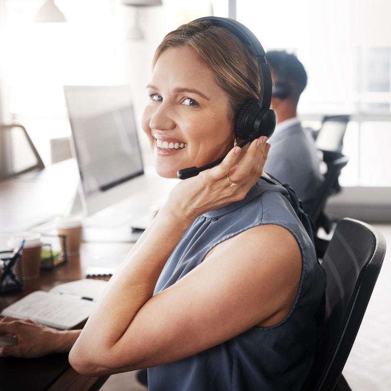 Customer service portrait, consultant or woman telemarketing sales on contact us CRM or telecom microphone. Call center ERP, online ecommerce administration or happy information technology consulting