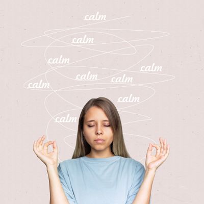 Young woman meditating with the word 'calm' swirling around her head.