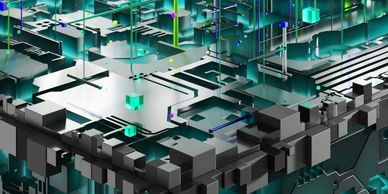 Futuristic digital circuit board with glowing neon elements and 3D structures.