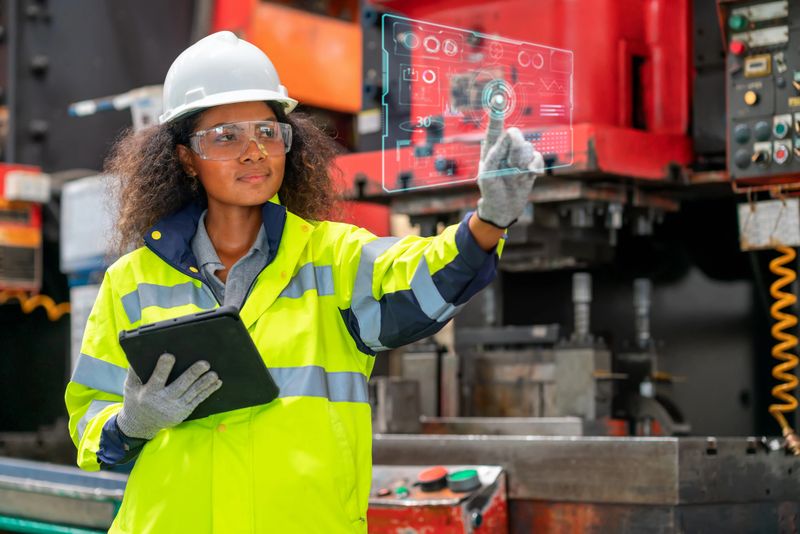 Shop Floor Control ( SFC ) to managing operations in real-time. African American production control Engineer holding a tablet and standing in production line while using digitization display to examing production progress  of raw materials used.