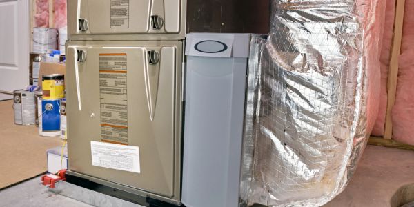 New HVAC unit installed indoors with insulation and ducts.