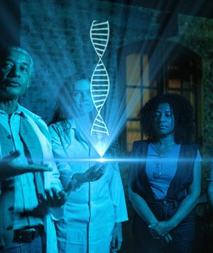 Hand interacting with a digital DNA helix and medical icons.