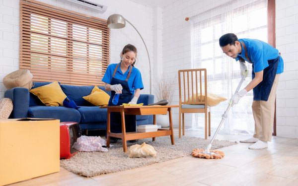 Two people cleaning a bright living room with blue sofa and wooden furniture.