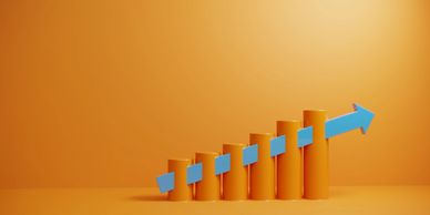 Orange bar chart with ascending blue arrow on orange background.