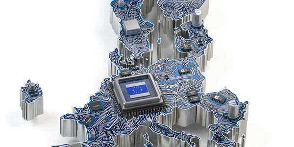 3D map of Europe with circuit board design and EU flag chip.