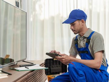 Technician setting up a home TV system using a tablet and installation tools