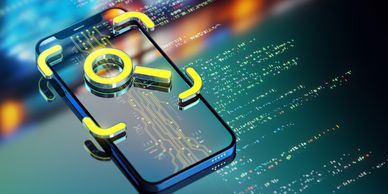 Smartphone with digital magnifying glass and code background symbolizing cybersecurity.