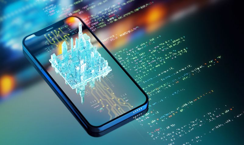 Smart city concept. Futuristic city controlled from phone. Tech science background.