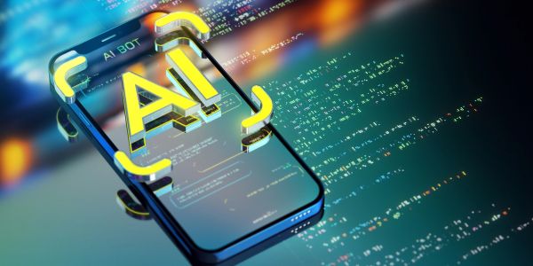Smartphone displaying AI bot concept with glowing AI text.