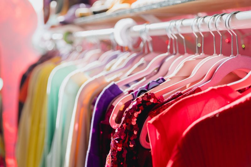 Colorful fashionable Vibrant Clothing Rack at a Thrift Store in Portland Oregon. Clothing is vintage and has been recycled and made stylish again.