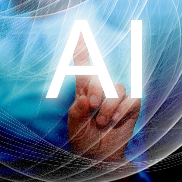 Hand pointing to 'AI' text with digital effects.