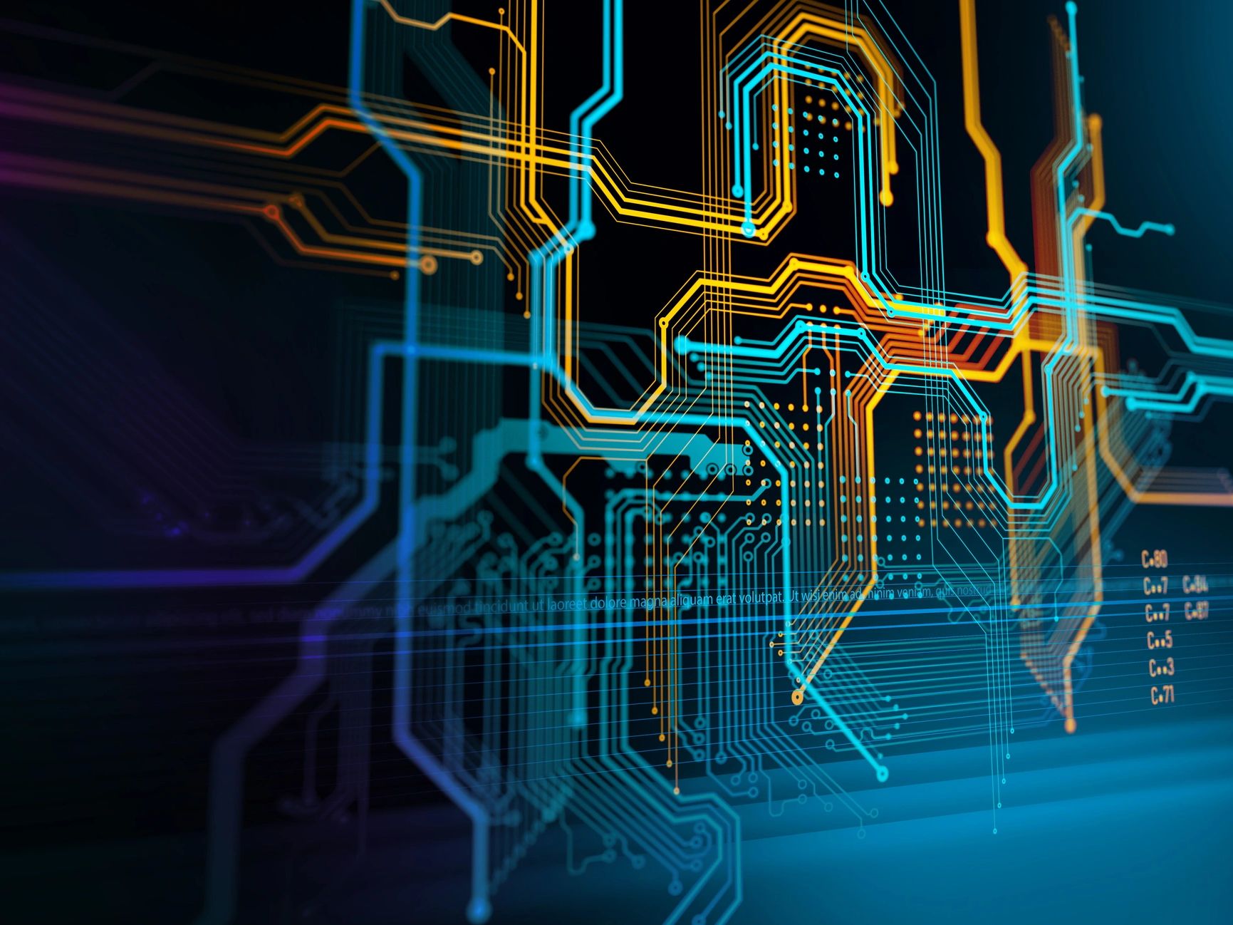 Close-up of a digital circuit board with glowing lines.